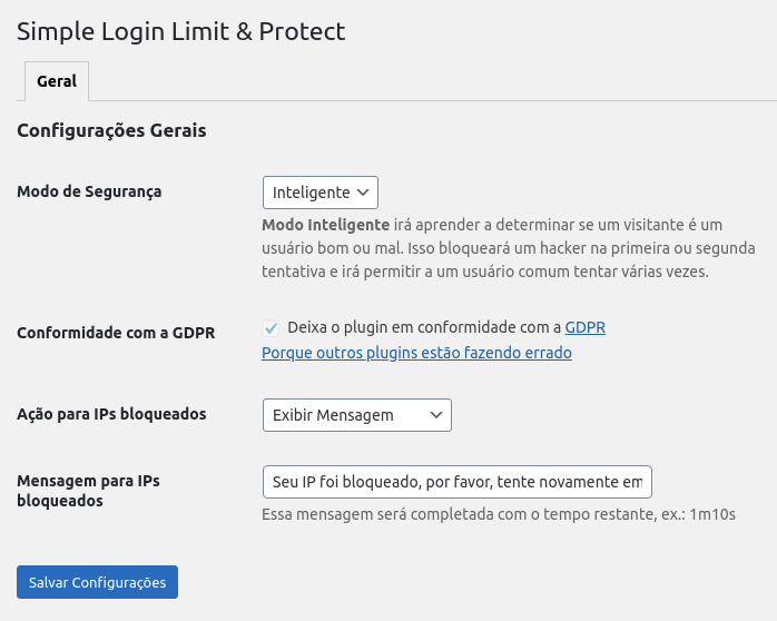 Simple Login Limit & Protect - Configurações Gerais